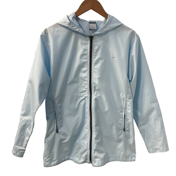 Vintage Nike Cinched Waist Light Blue Windbreaker Jacket with Hood Medium - Picture 1 of 14